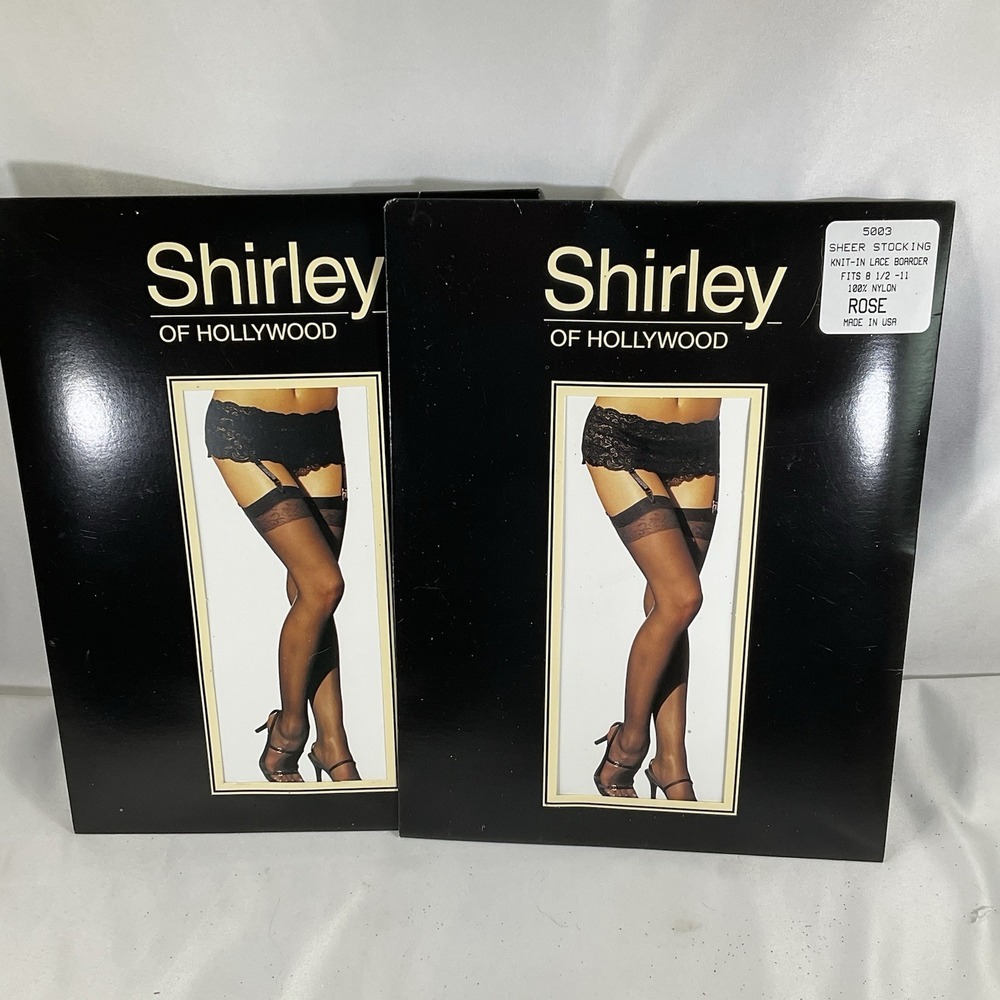 Set Of 2 Shirley of Hollywood ROSE Lace-Top Sheer Nylon Stockings Fits 8.5-11